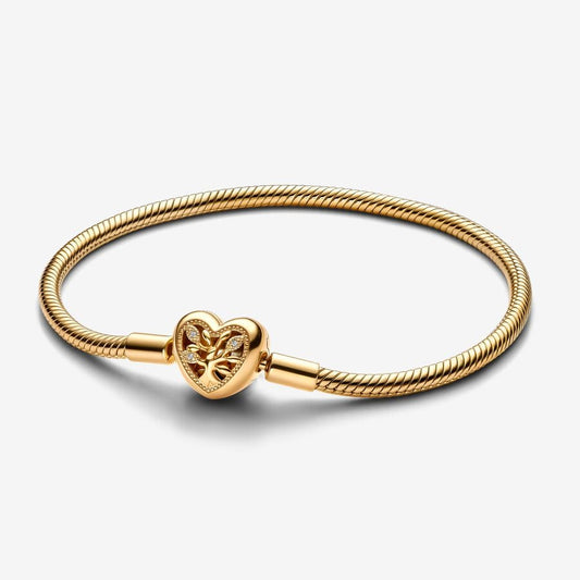 Family Tree Heart Clasp Snake Chain Gold Bracelet