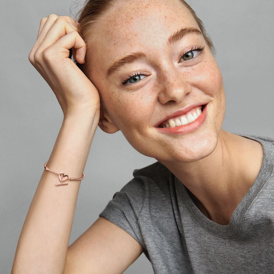 Heart T-Bar Snake Chain Rose Gold Bracelet