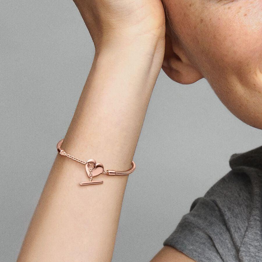 Heart T-Bar Snake Chain Rose Gold Bracelet