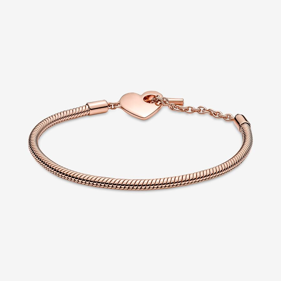 Heart T-Bar Snake Chain Rose Gold Bracelet