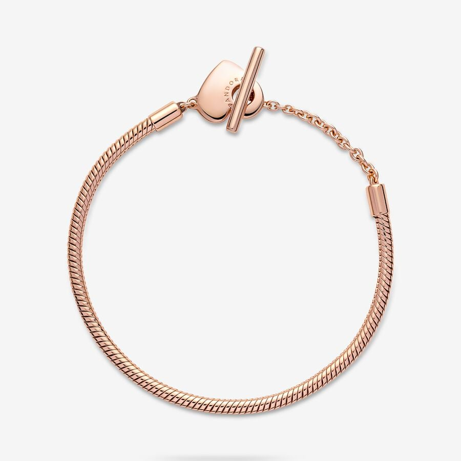 Heart T-Bar Snake Chain Rose Gold Bracelet