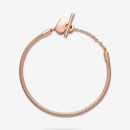 Heart T-Bar Snake Chain Rose Gold Bracelet