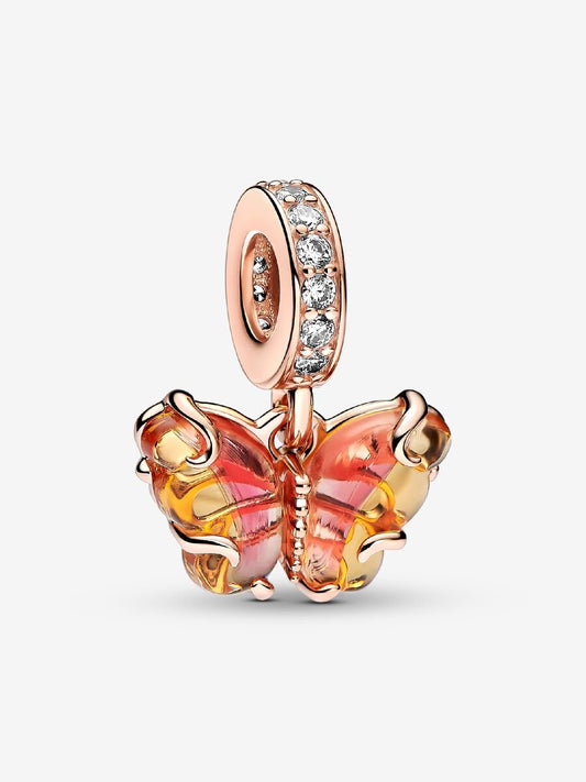 Pink & Yellow Murano Glass Butterfly Dangle Rose Gold Charm
