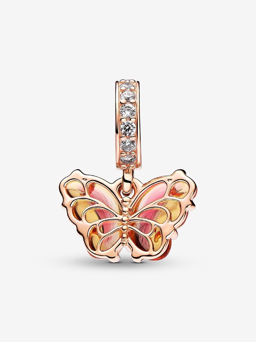 Pink & Yellow Murano Glass Butterfly Dangle Rose Gold Charm