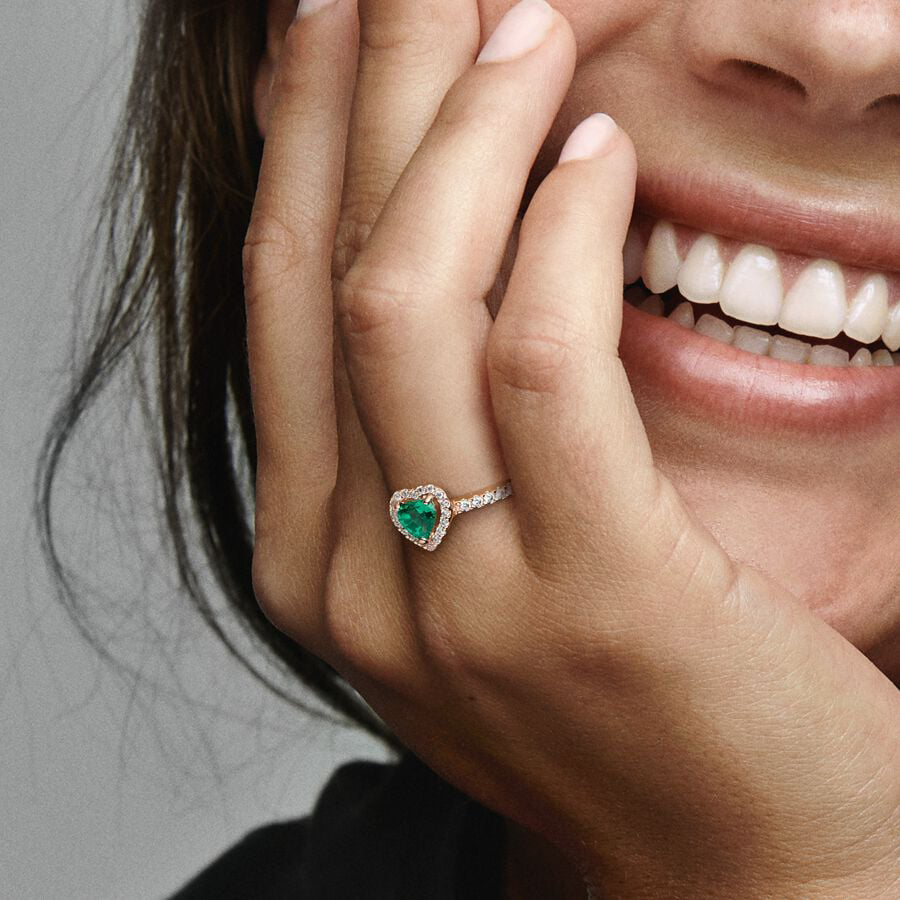 Rose Gold Sparkling Green Heart Ring