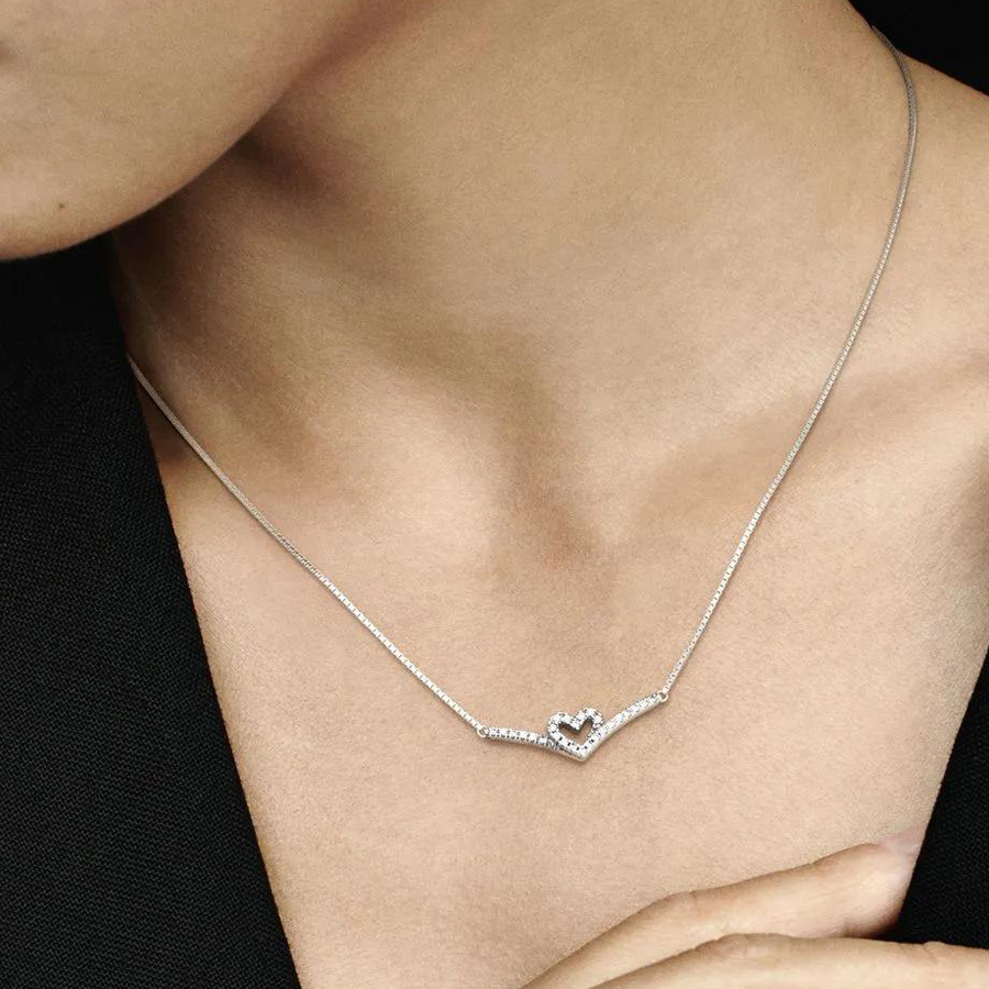 Sparkling Heart Wishbone Necklace