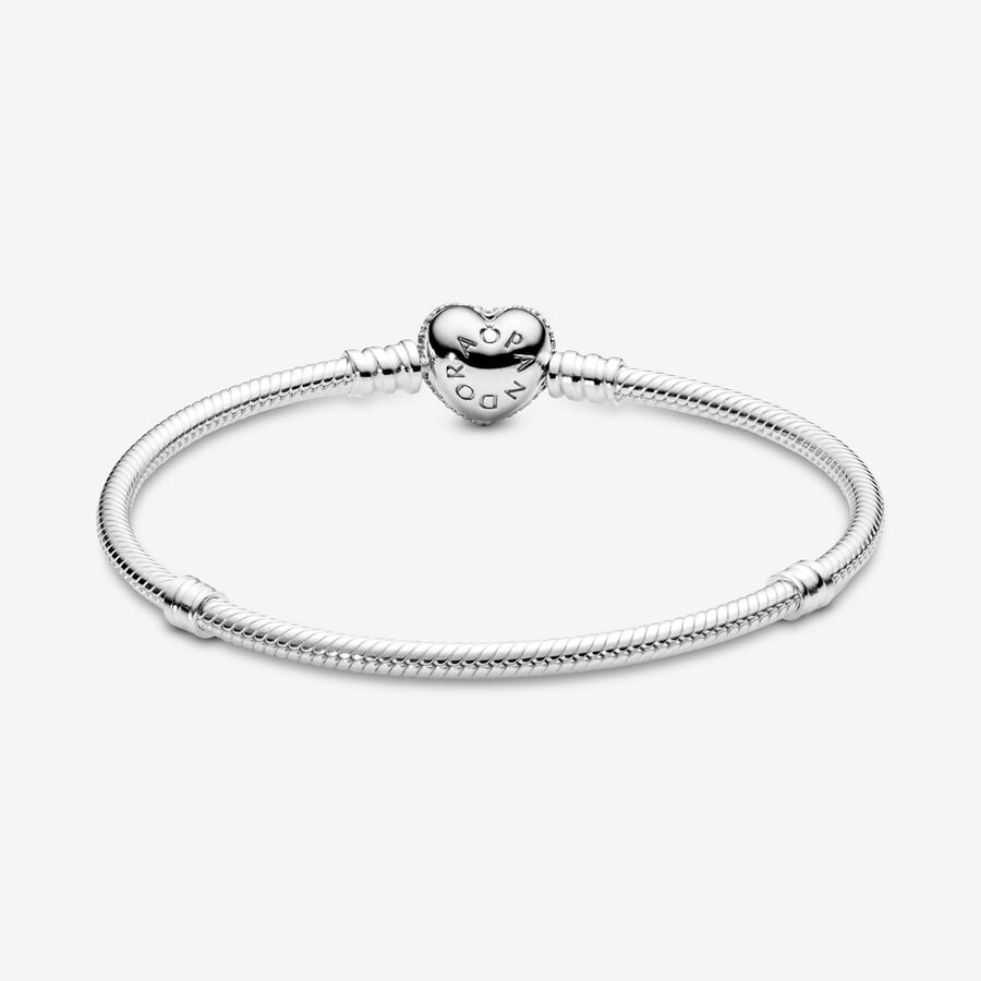 Moments Silver Sparkling Heart Clasp Snake Chain Bracelet