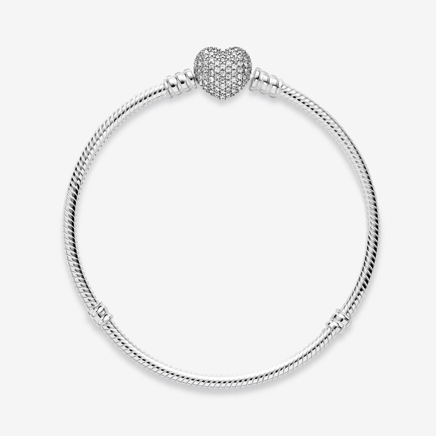 Moments Silver Sparkling Heart Clasp Snake Chain Bracelet