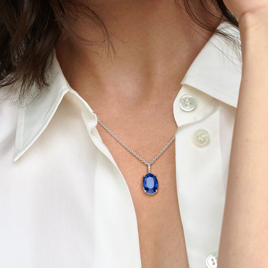 Blue Oval Sparkling Pendant Necklace